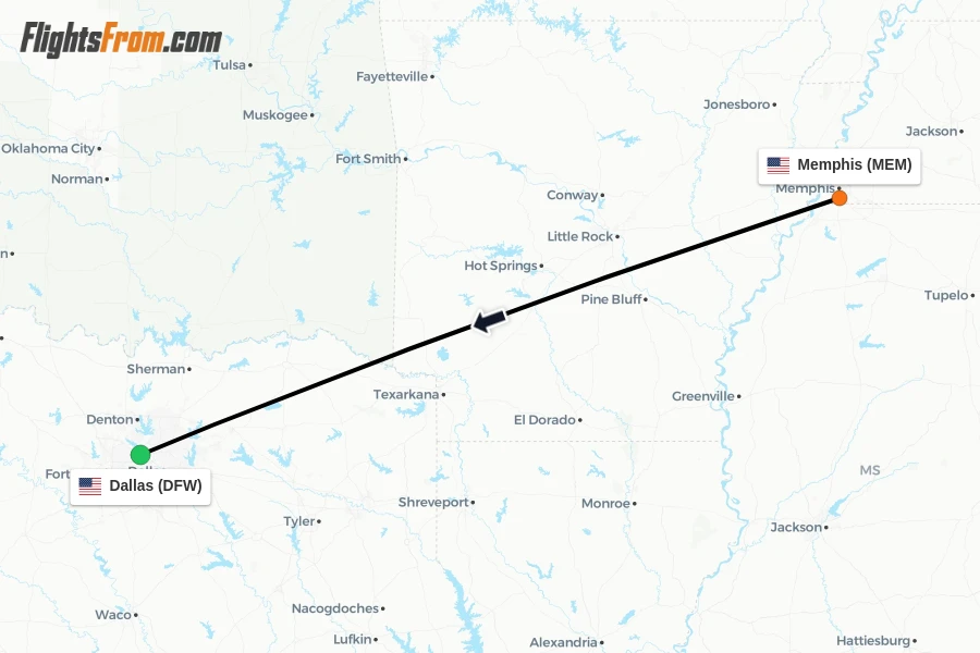 Flights from Memphis to Dallas route map