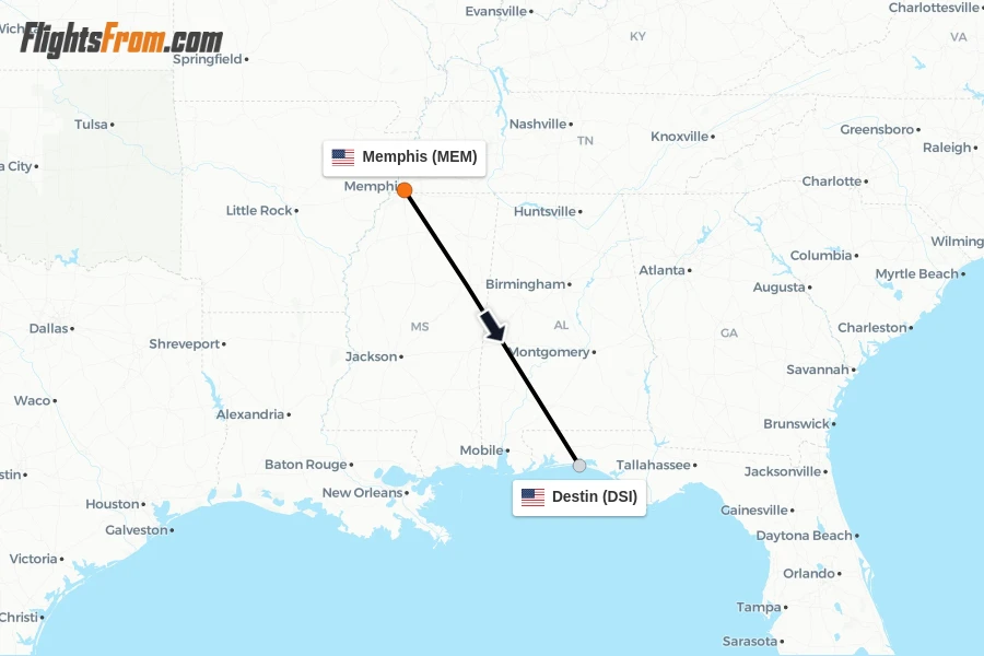 Flights from Memphis to Destin route map