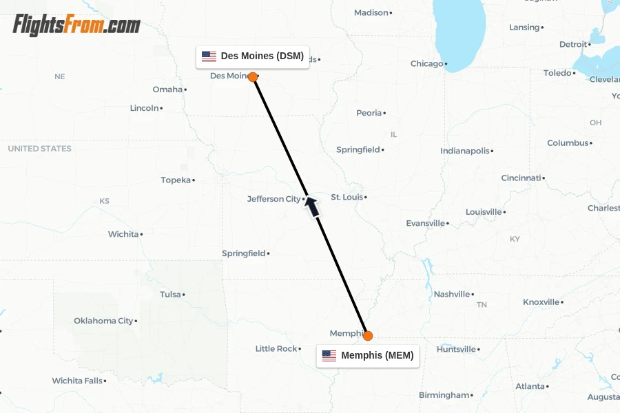 Flights from Memphis to Des Moines route map