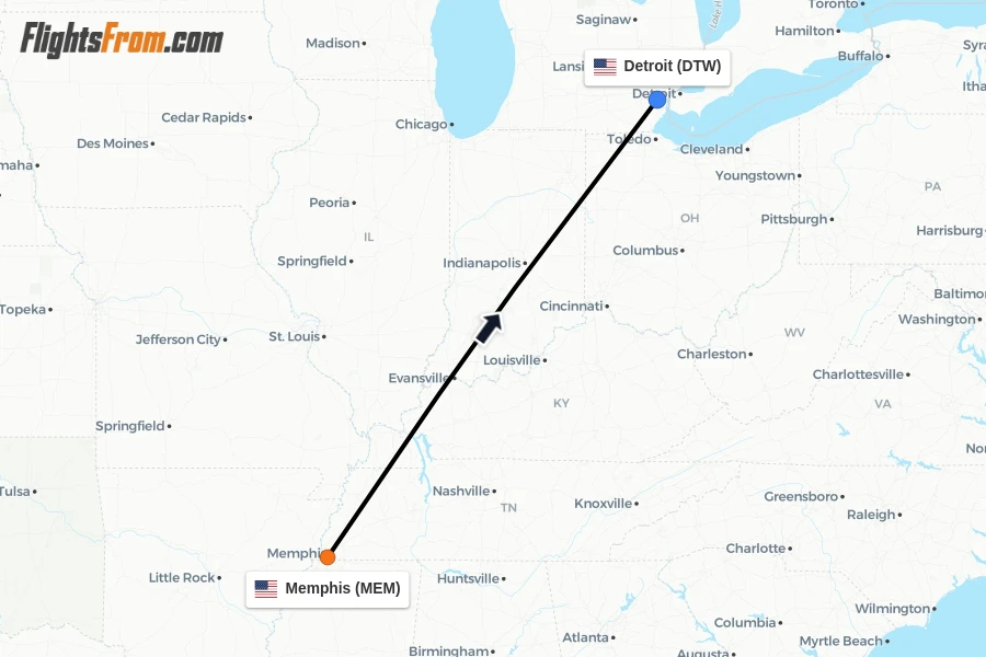 Flights from Memphis to Detroit route map