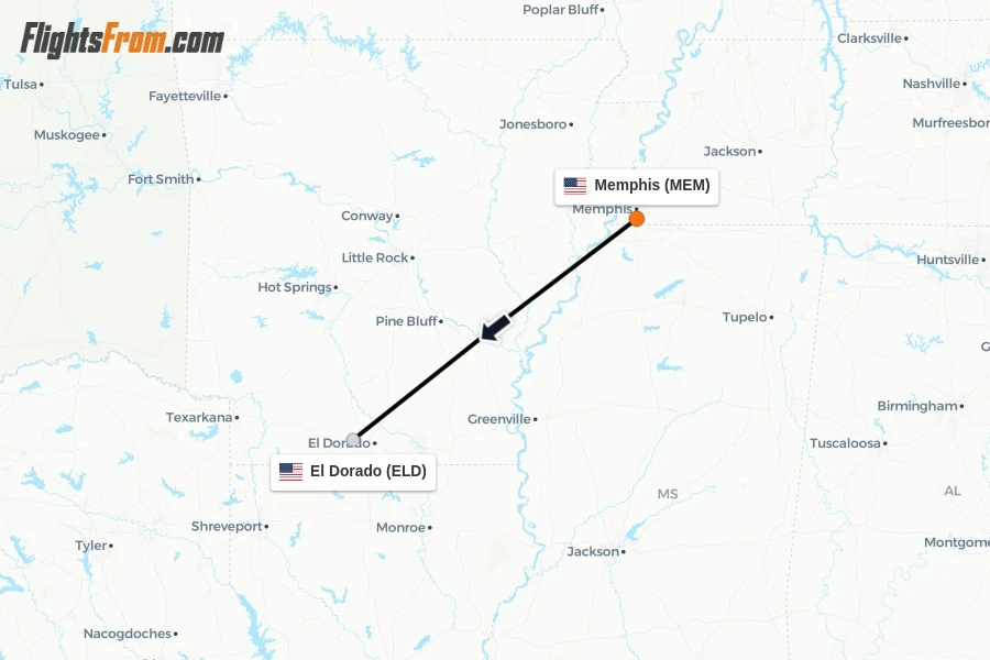 Flights from Memphis to El Dorado route map