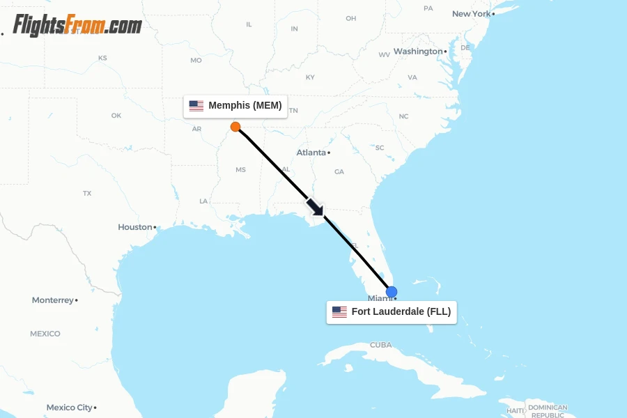 Flights from Memphis to Fort Lauderdale route map