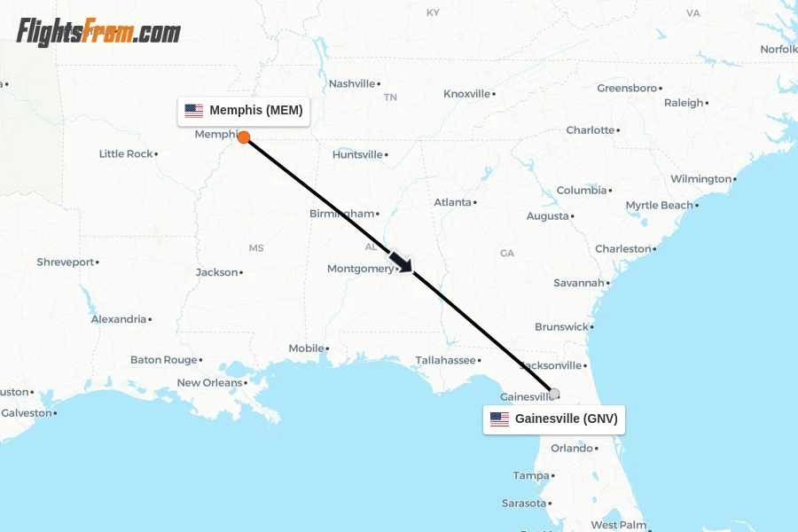 Flights from Memphis to Gainesville route map