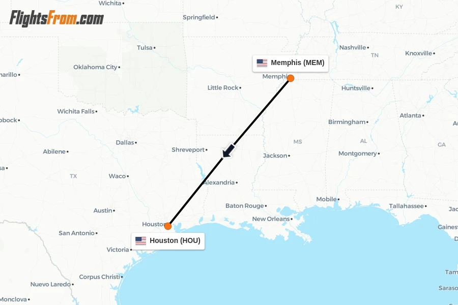 Flights from Memphis to Houston route map