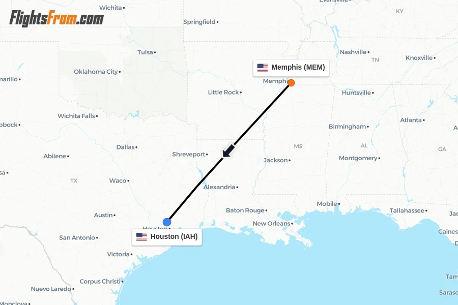 Flights from Memphis to Houston route map