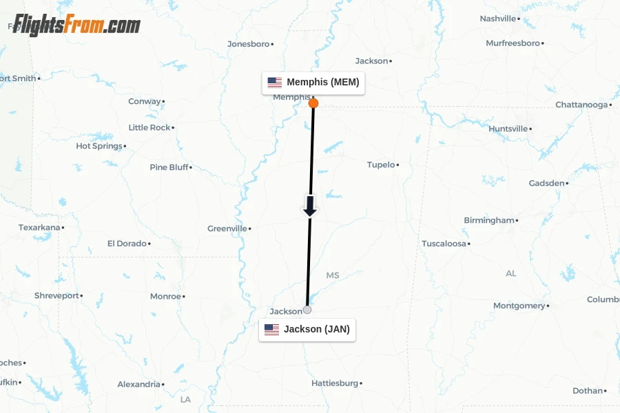 Flights from Memphis to Jackson route map