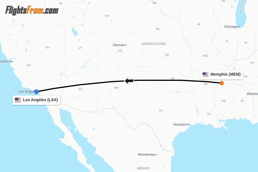 Flights from Memphis to Los Angeles route map