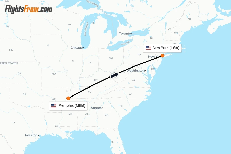 Flights from Memphis to New York route map