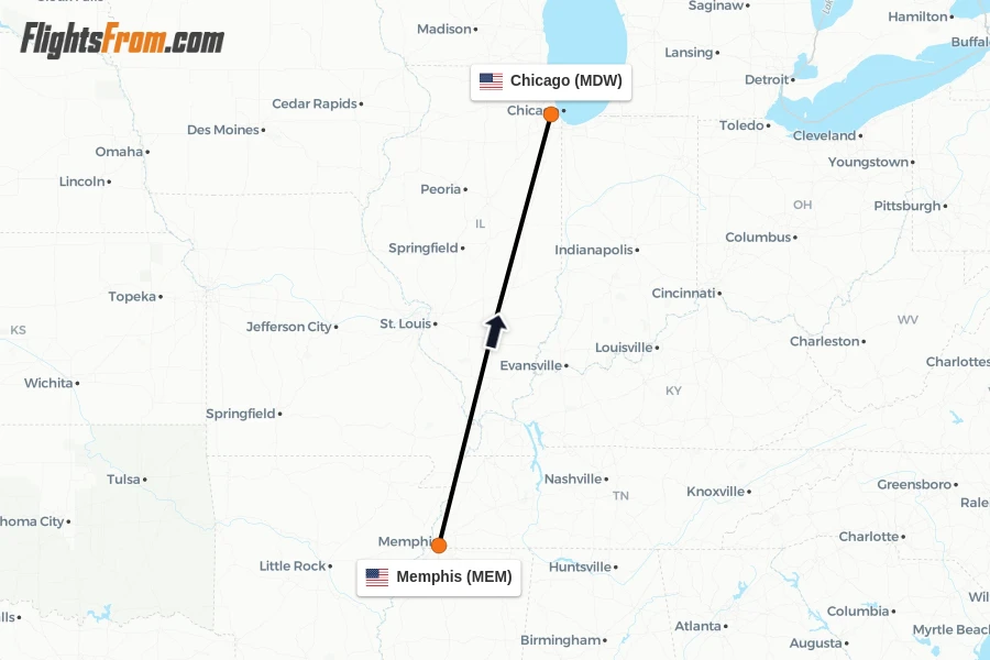 Flights from Memphis to Chicago route map