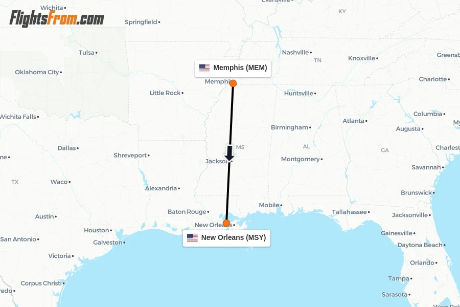 Flights from Memphis to New Orleans route map