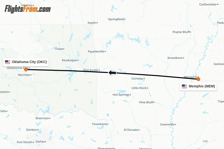 Flights from Memphis to Oklahoma City route map