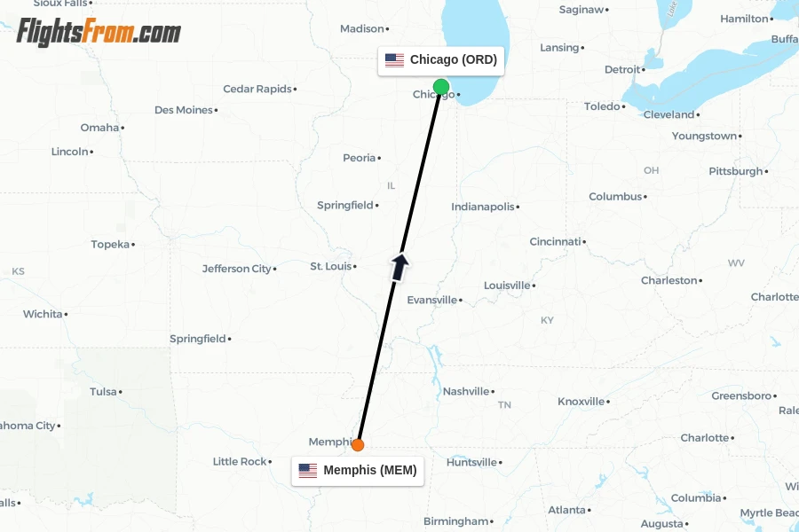 Flights from Memphis to Chicago route map