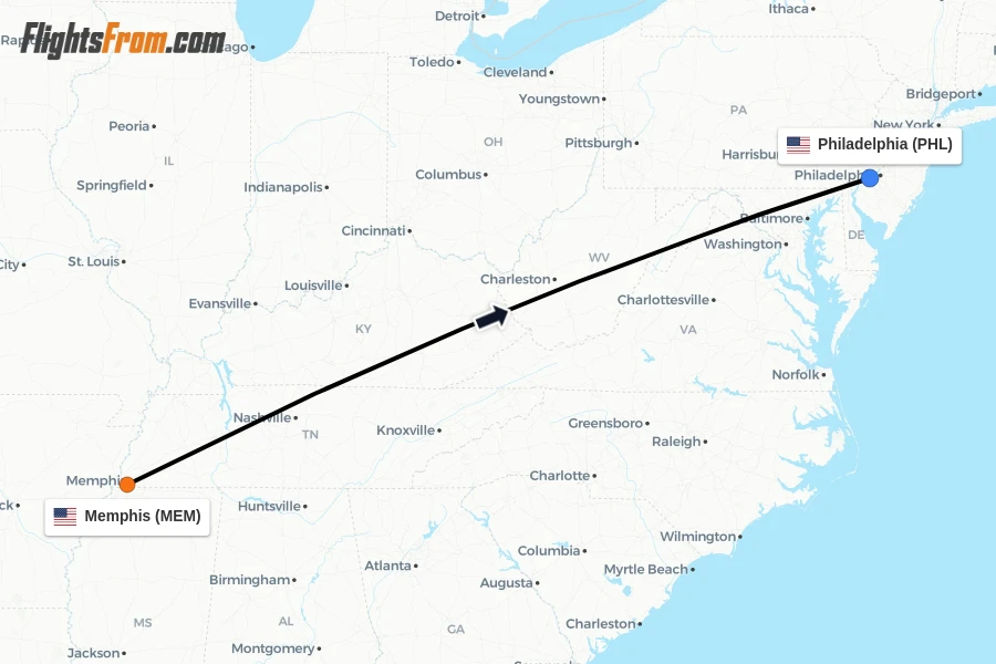 Flights from Memphis to Philadelphia route map