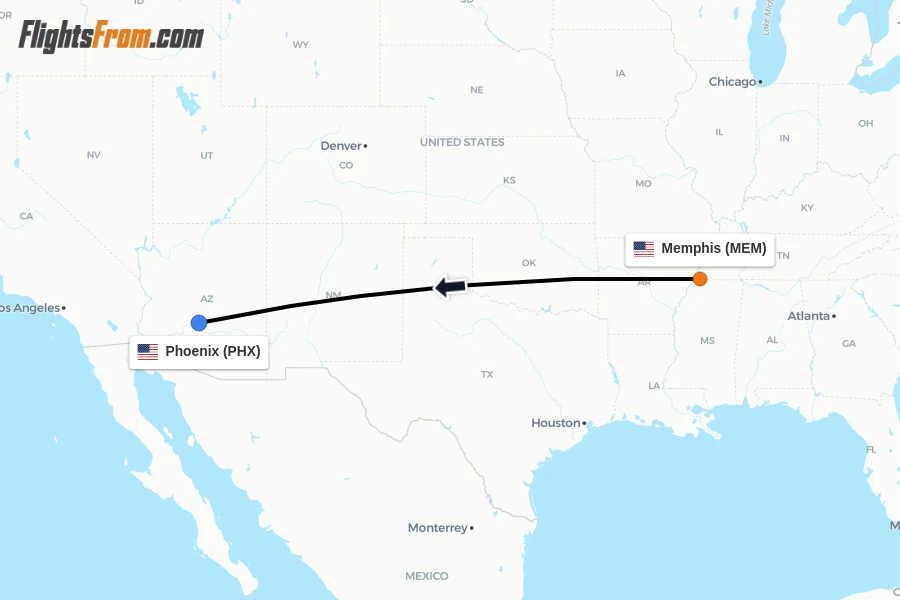 Flights from Memphis to Phoenix route map