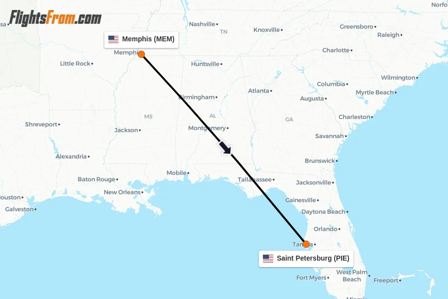 Flights from Memphis to Saint Petersburg route map