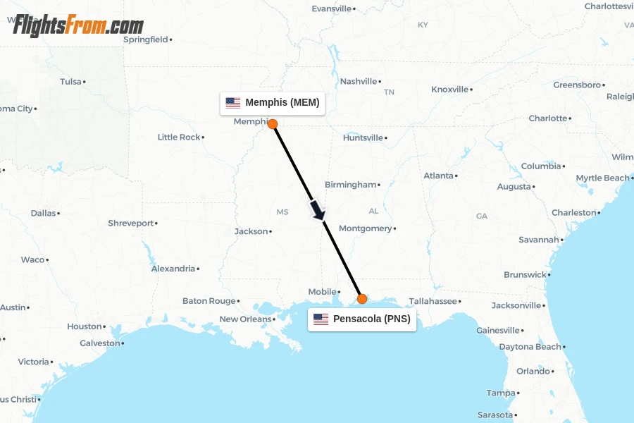 Flights from Memphis to Pensacola route map