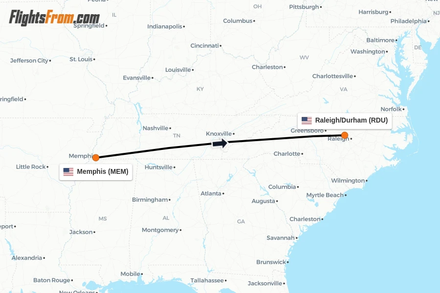 Flights from Memphis to Raleigh/Durham route map