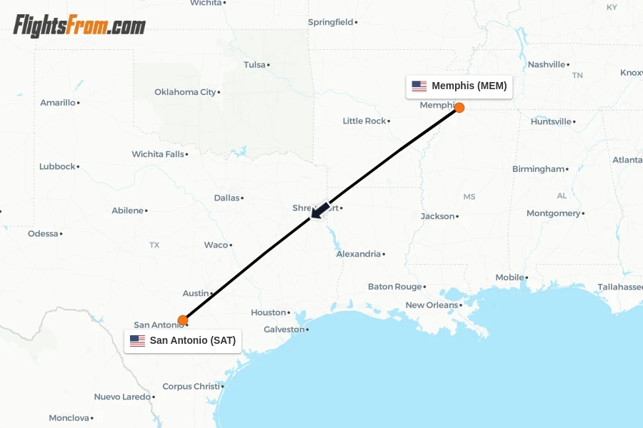 Flights from Memphis to San Antonio route map