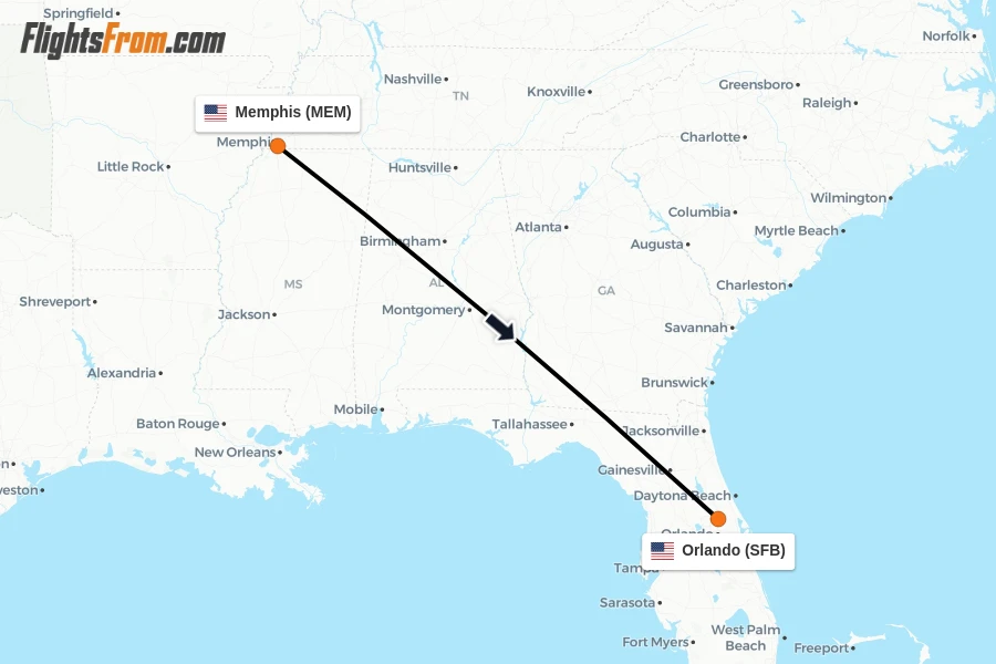 Flights from Memphis to Orlando route map