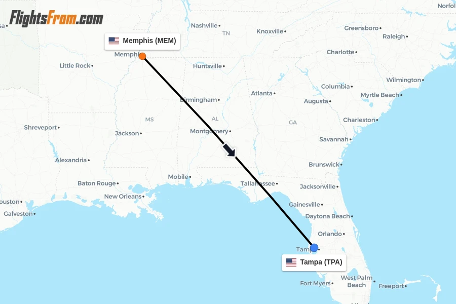 Flights from Memphis to Tampa route map