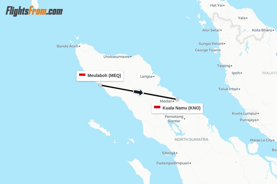 Flights from Meulaboh to Kuala Namu route map