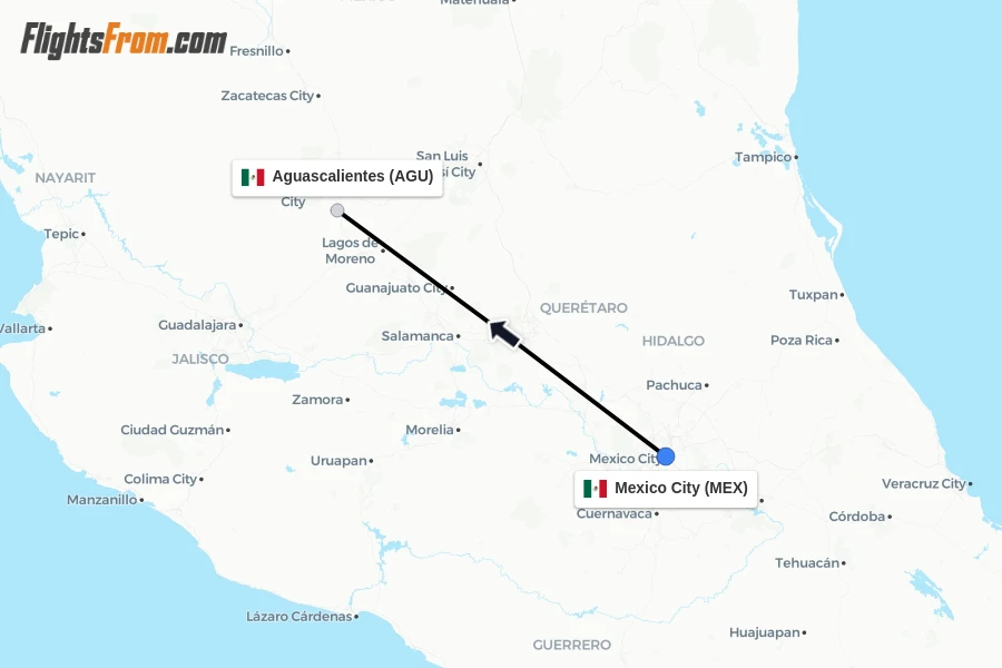 Flights from Mexico City to Aguascalientes route map