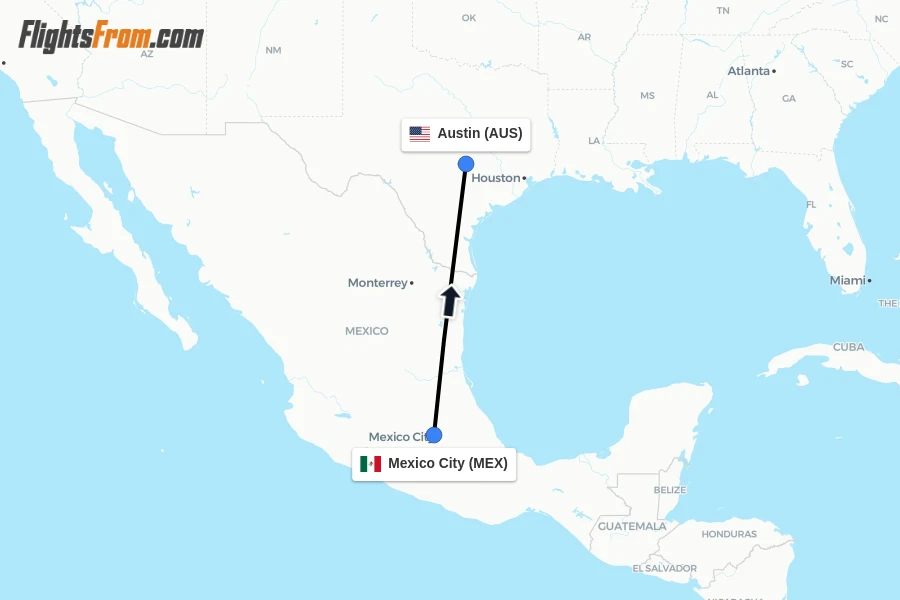 Flights from Mexico City to Austin route map