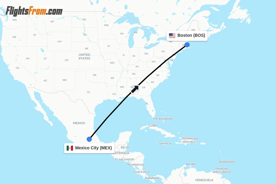 Flights from Mexico City to Boston route map