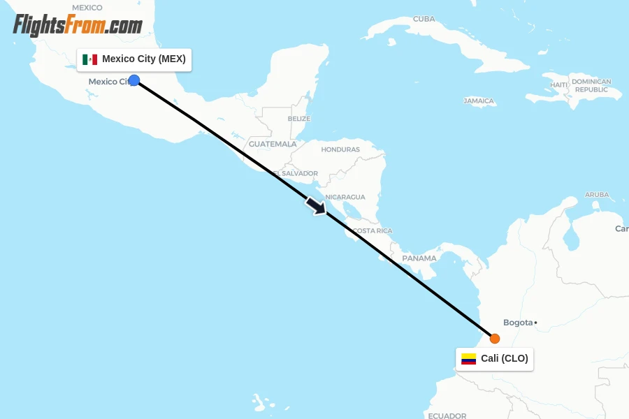 Flights from Mexico City to Cali route map