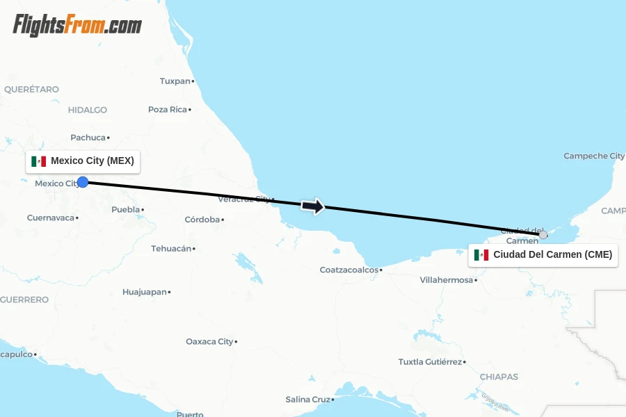 Flights from Mexico City to Ciudad Del Carmen route map