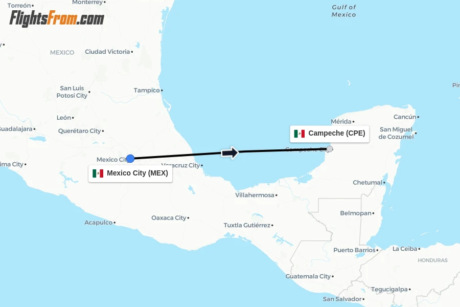 Flights from Mexico City to Campeche route map