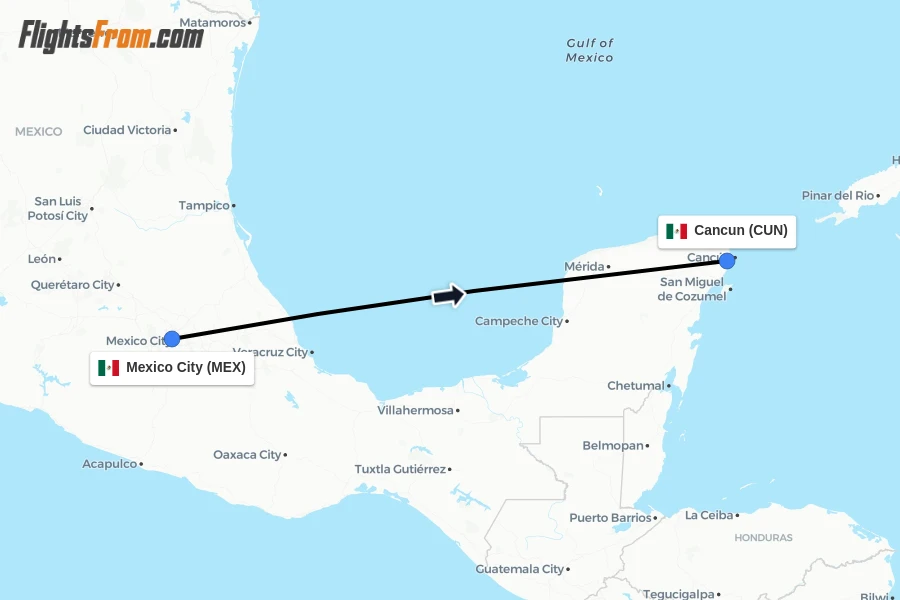 Flights from Mexico City to Cancun route map