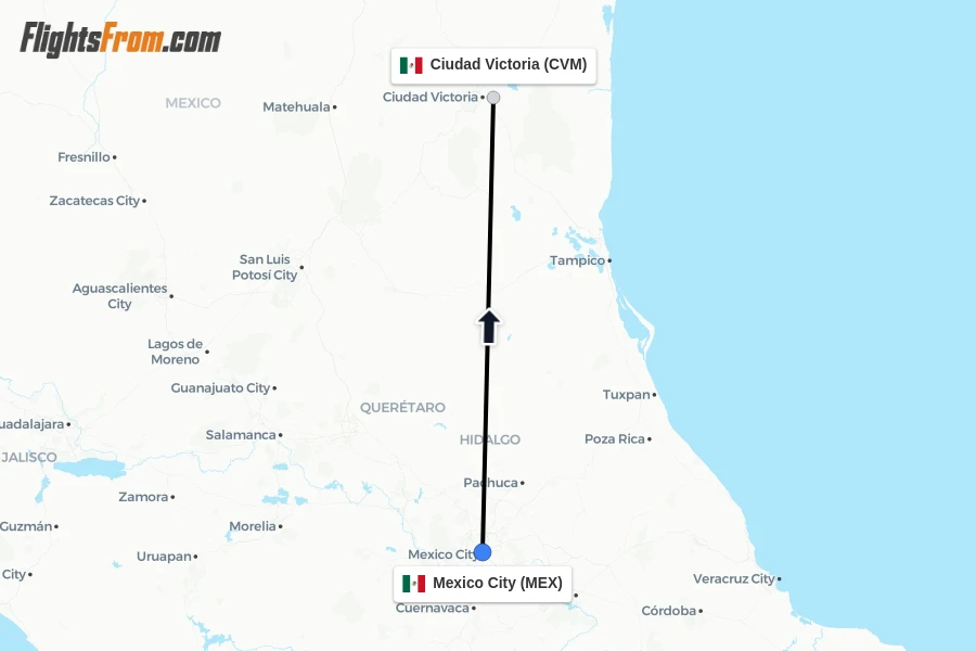 Flights from Mexico City to Ciudad Victoria route map