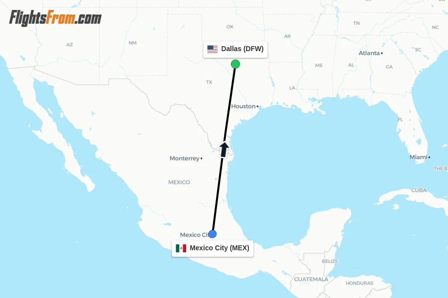 Flights from Mexico City to Dallas route map
