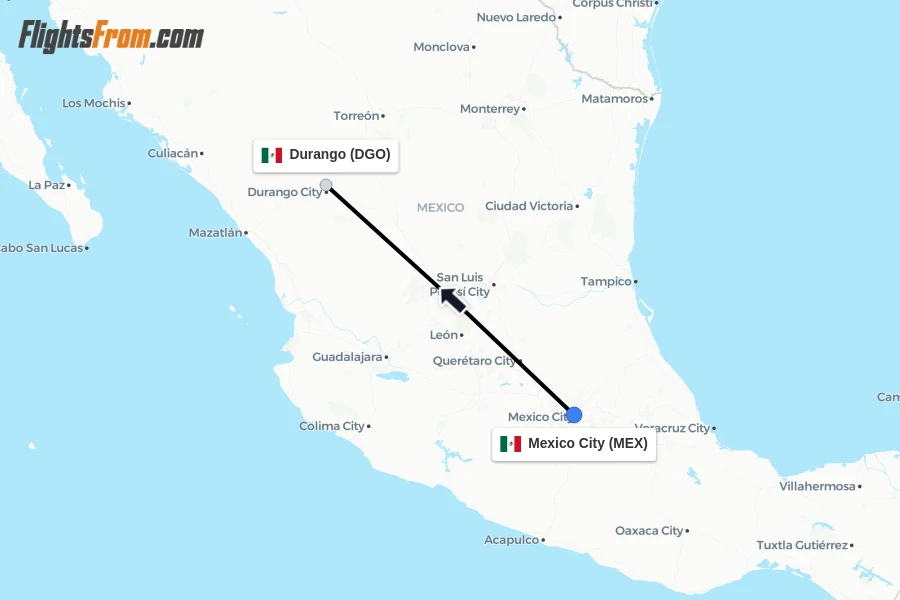 Flights from Mexico City to Durango route map