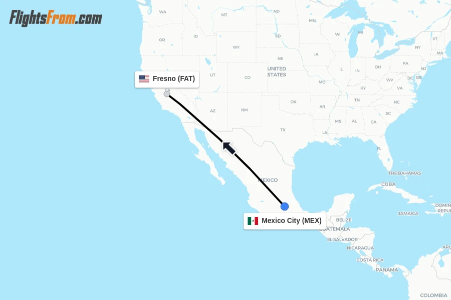Flights from Mexico City to Fresno route map