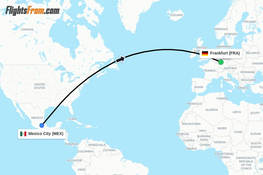 Flights from Mexico City to Frankfurt route map