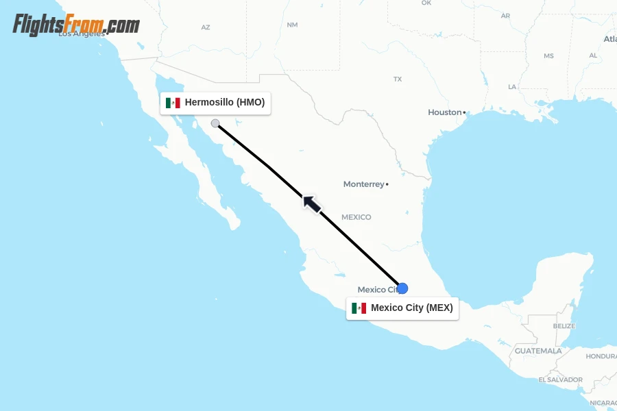Flights from Mexico City to Hermosillo route map