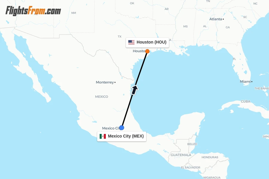Flights from Mexico City to Houston route map