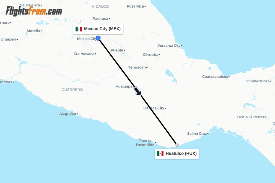 Flights from Mexico City to Huatulco route map