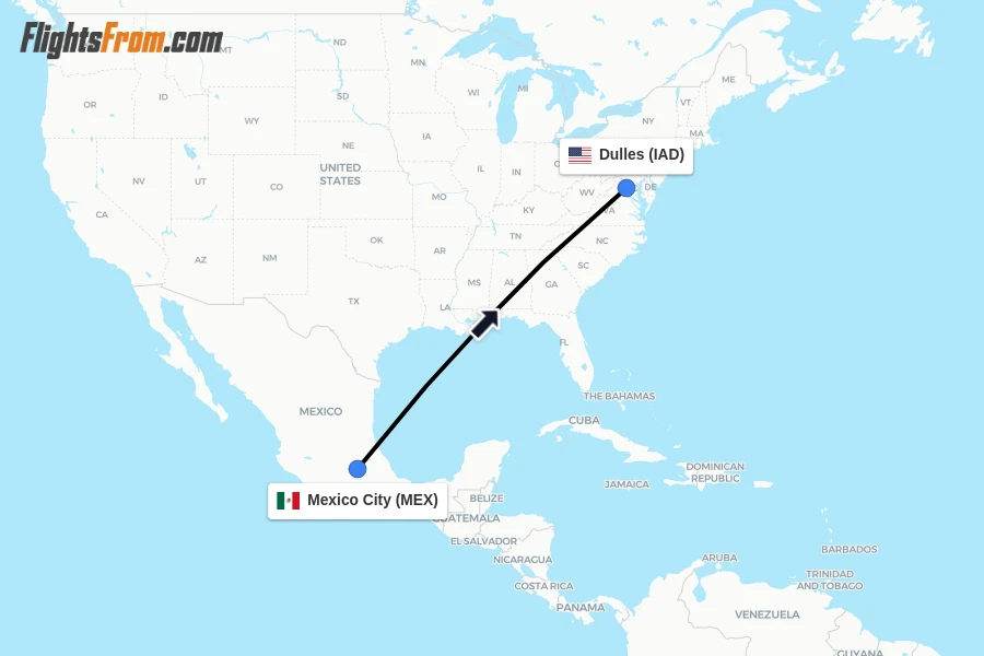 Flights from Mexico City to Dulles route map