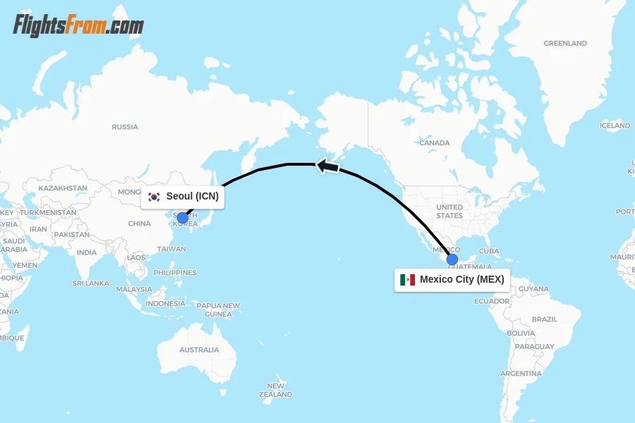 Flights from Mexico City to Seoul route map