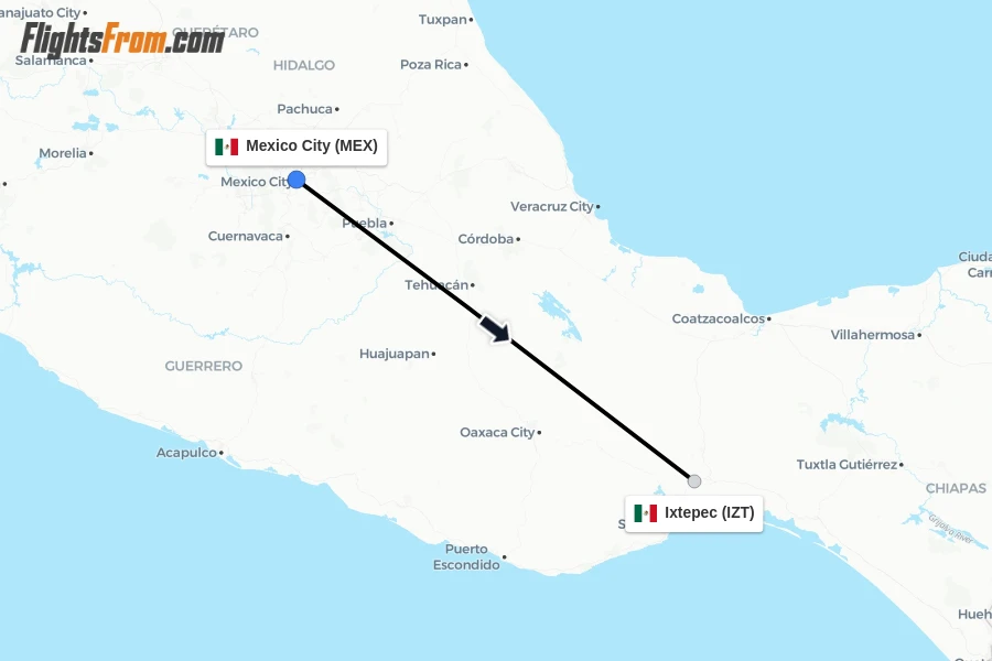 Flights from Mexico City to Ixtepec route map