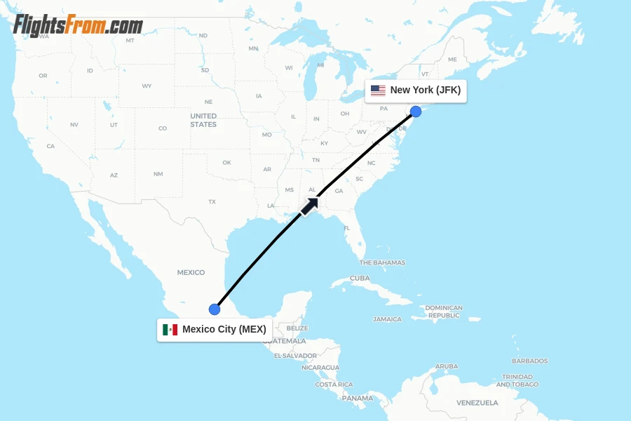 Flights from Mexico City to New York route map