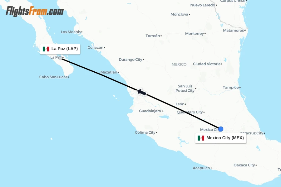 Flights from Mexico City to La Paz route map