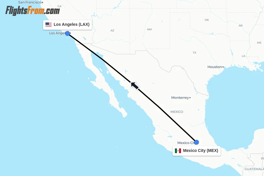 Flights from Mexico City to Los Angeles route map