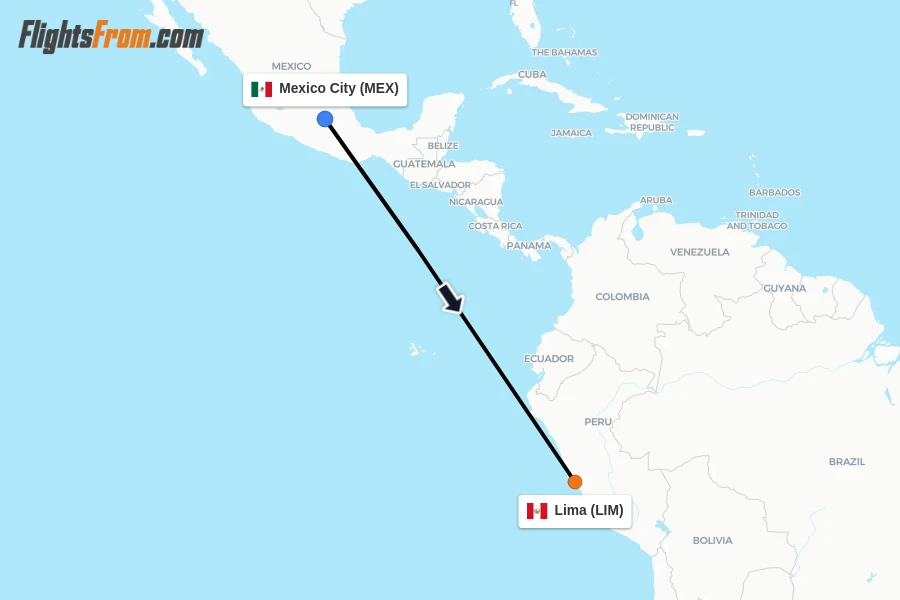 Flights from Mexico City to Lima route map