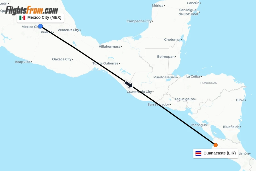 Flights from Mexico City to Guanacaste route map