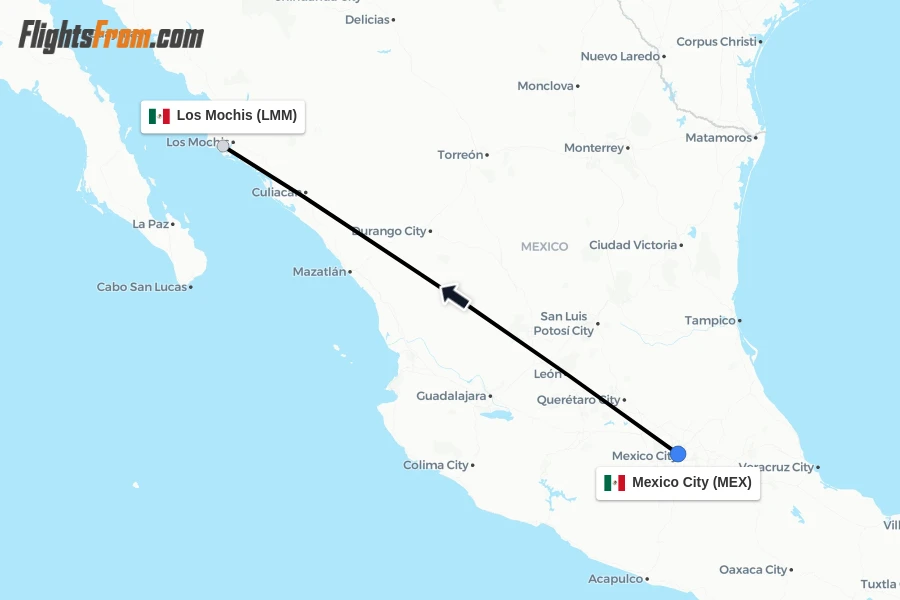 Flights from Mexico City to Los Mochis route map