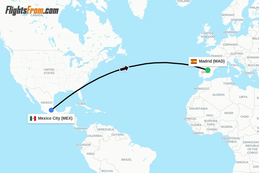 Flights from Mexico City to Madrid route map